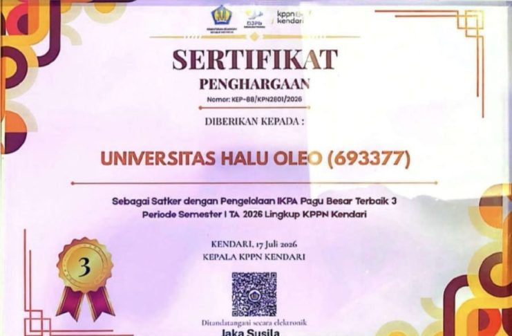 UHO Raih Penghargaan Satker Terbaik III Pengelolaan Anggaran Kategori Pagu Besar